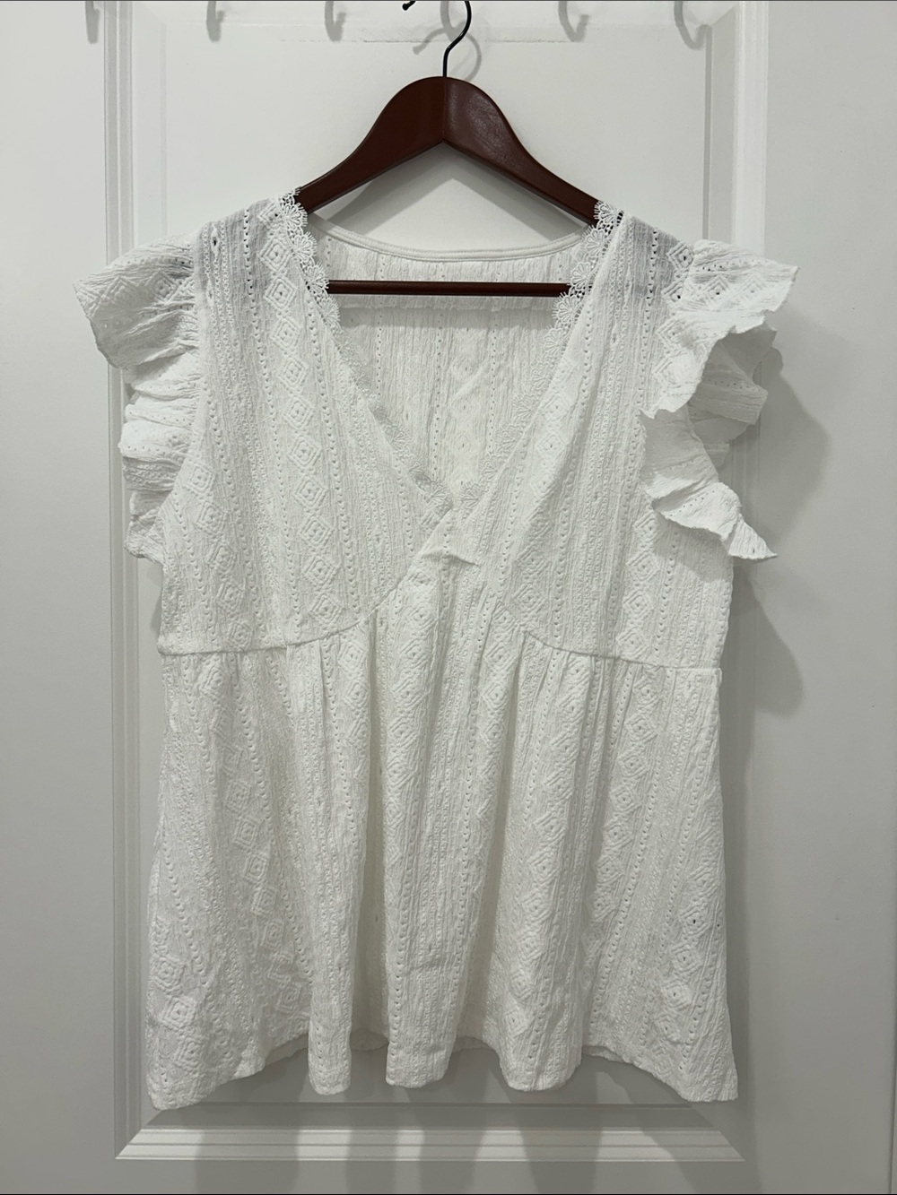 Trendy White Ruffle Sleeve V-Neck Top